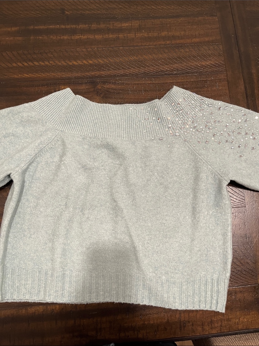 Nine West Pale Blue Off-the-Shoulder Beaded Sweater